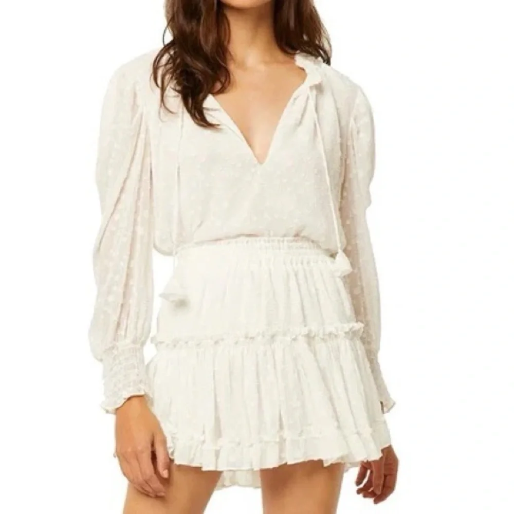 MISA Los Angeles Siena Puff Sleeve Clip Dot Chiffon Blouse White S NWT - Picture 2 of 8